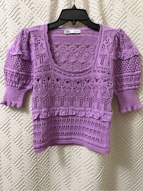 Zara Lilac Crochet Knit Puff Sleeve Scoop Neck Sweater